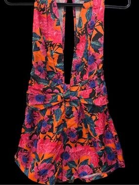 Bright Floral Halter Romper in Orange and Pink